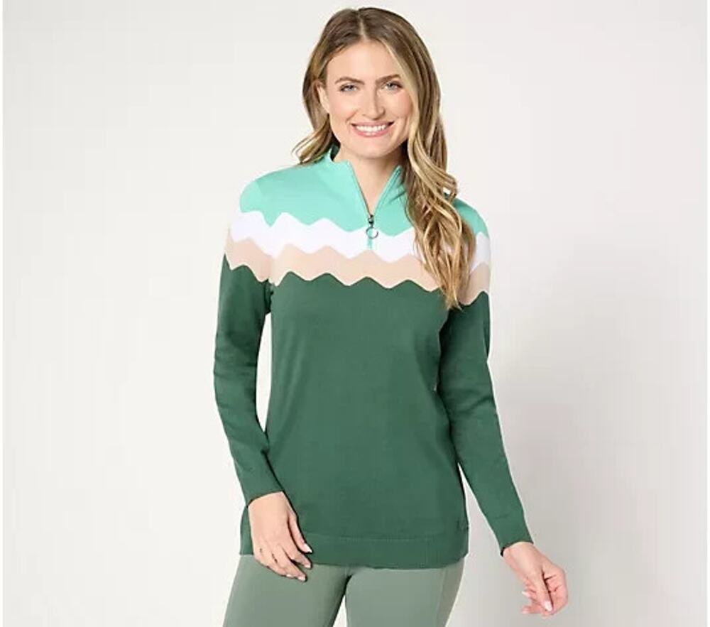 Sport Savvy Sweater Women XL Scallop Intarsia Half Zip Green Tan Preppy Pullover